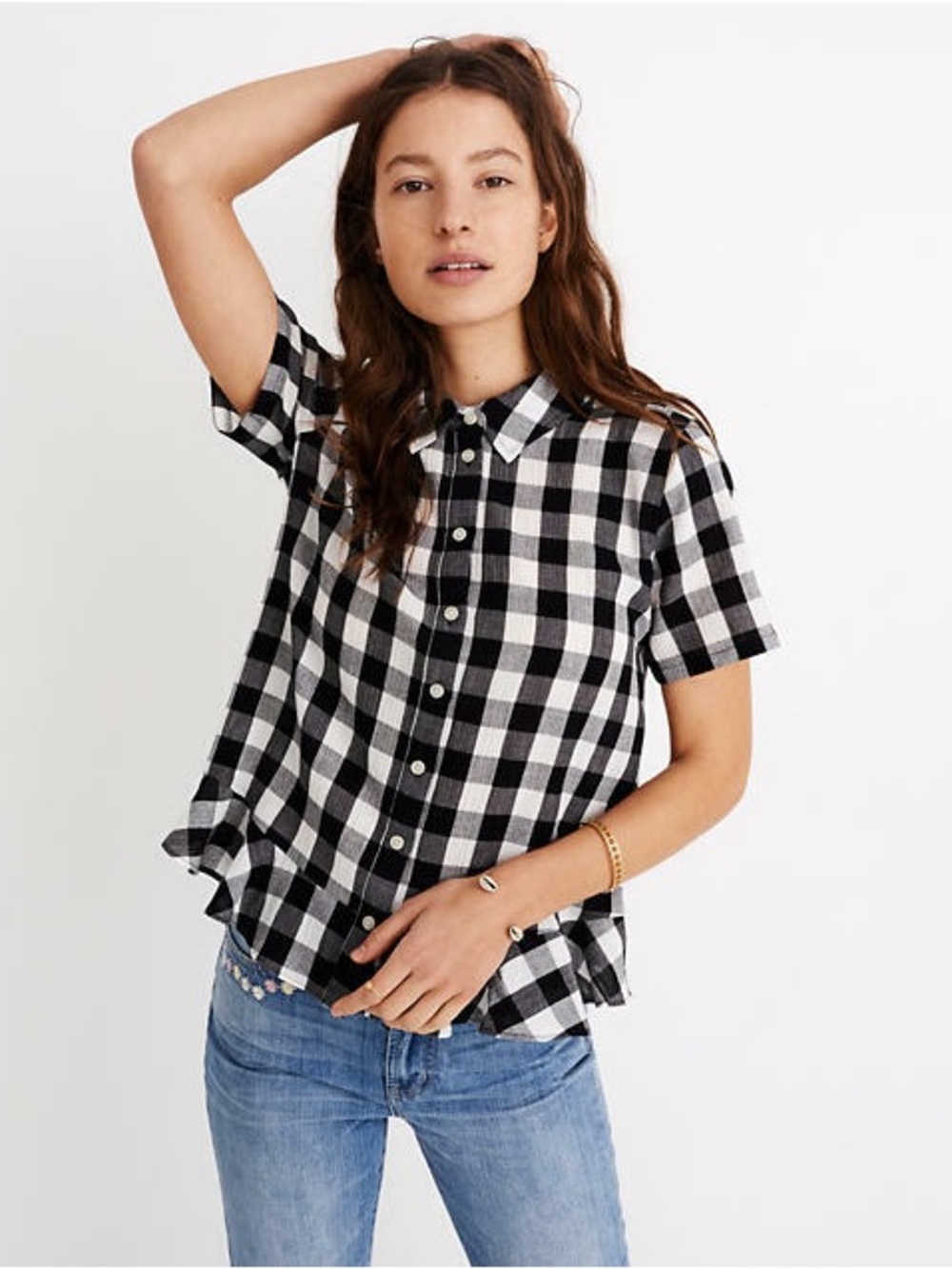 Madewell Black & White Check Short-Sleeve Button-Up with Ruffle Hem